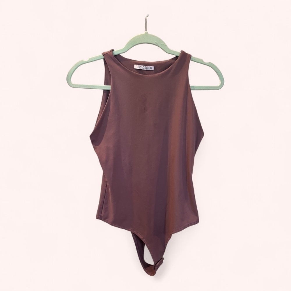 Reoria Purple High Neck Sleeveless Bodysuit Size M Stretchy Fitted Snap Closure - Picture 2 of 5